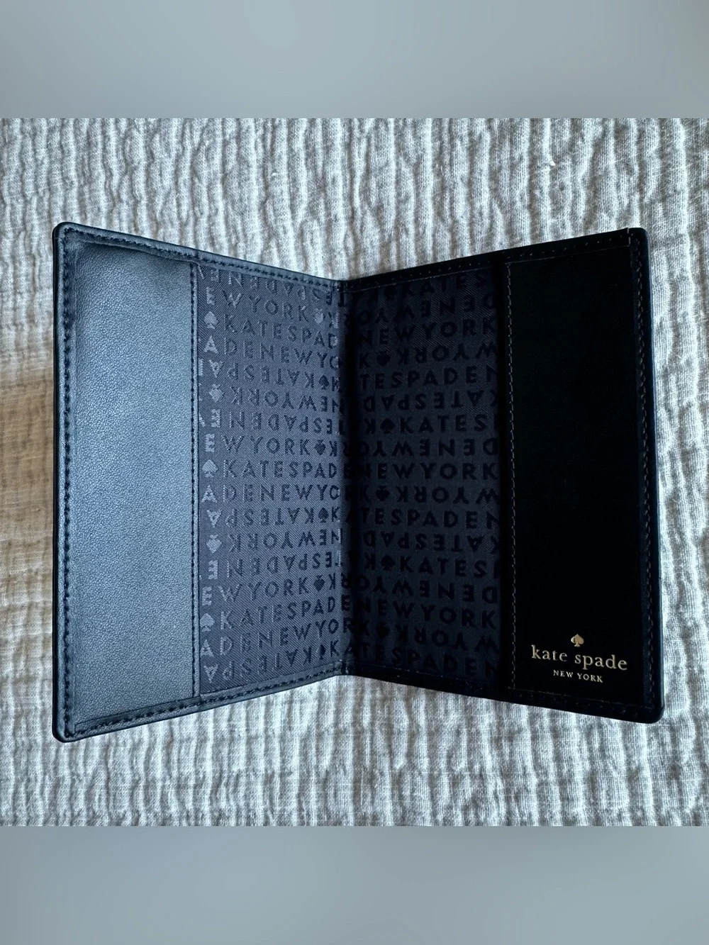 Kate Spade New York Passport Holder Black Leather Gold Tone Metal Logo